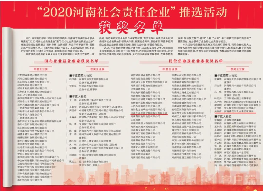 榮譽(yù) | 花花牛乳業(yè)集團(tuán)斬獲“2020河南社會責(zé)任企業(yè)”推選活動(dòng)兩項(xiàng)大獎(jiǎng)
